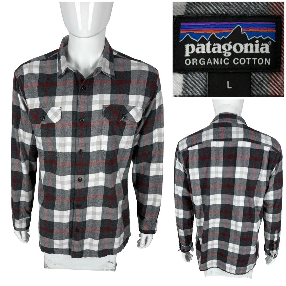Patagonia Shirt Mens Large Gray Plaid Fjord Flannel Organic Cotton Pockets EUC